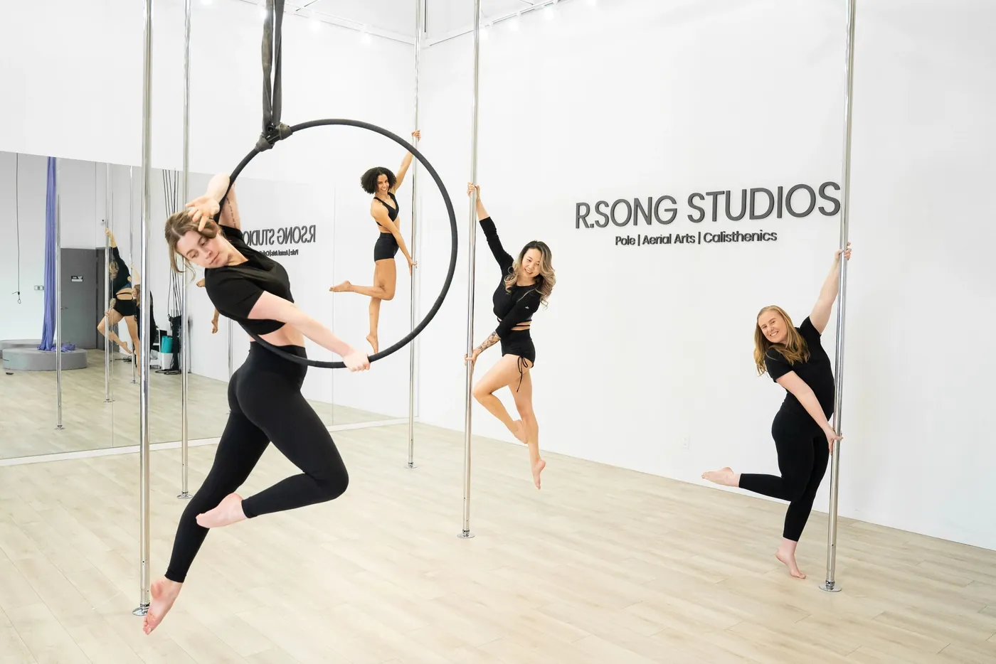 Members training on poles and an aerial hoop