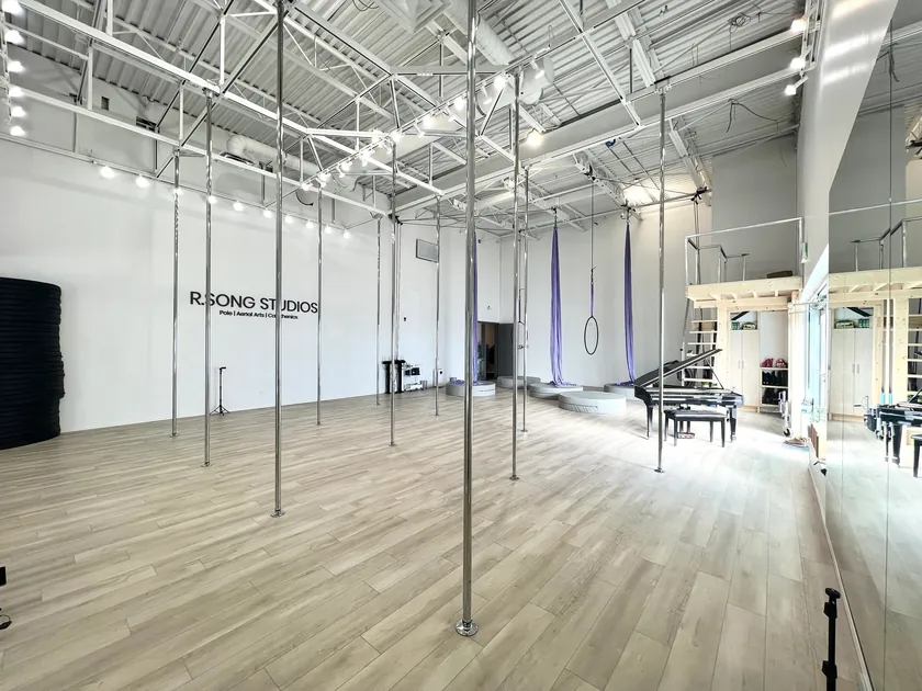 Bright studio room with poles